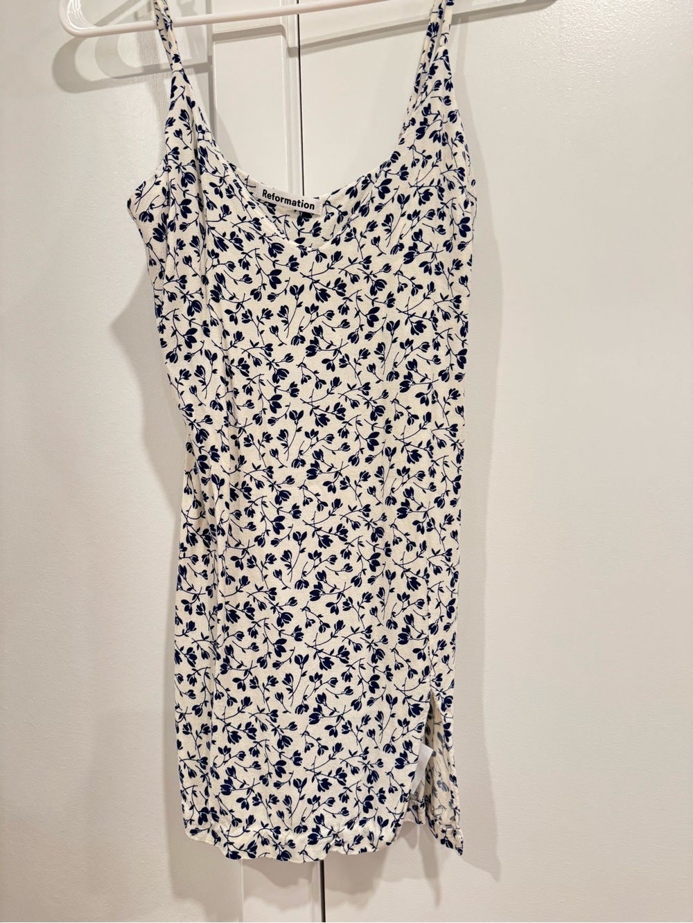 Reformation White Mini Slip Dress with Navy Floral Print